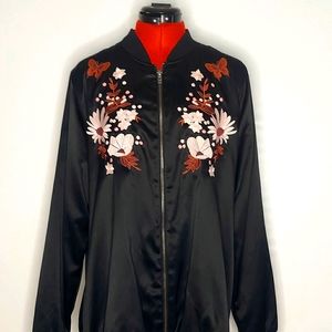 Bomber style black satiny embroidered XL jacket.